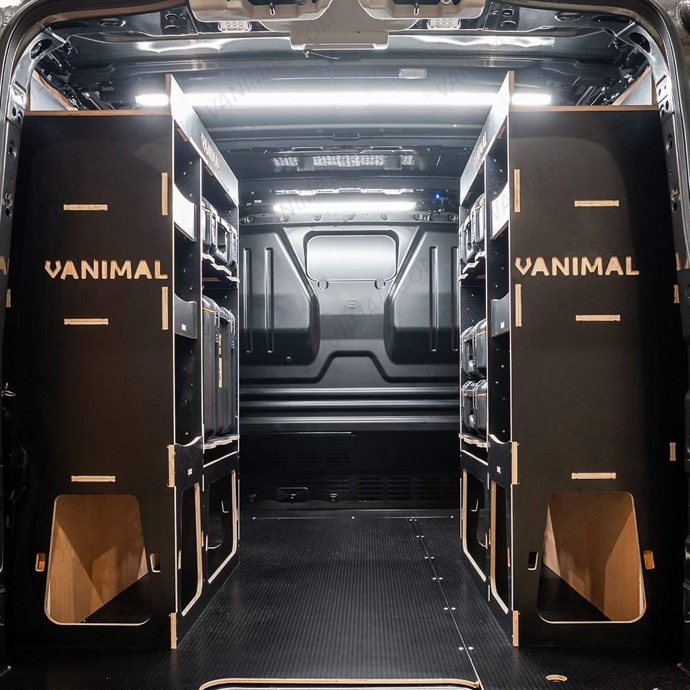 Rear van view of the Scudo 2022- L2 DeWalt ToughSystem Toolbox Compatible Van Racking (x2 Rears) displayed with DeWalt ToughSystem 2.0 toolboxes and top trays