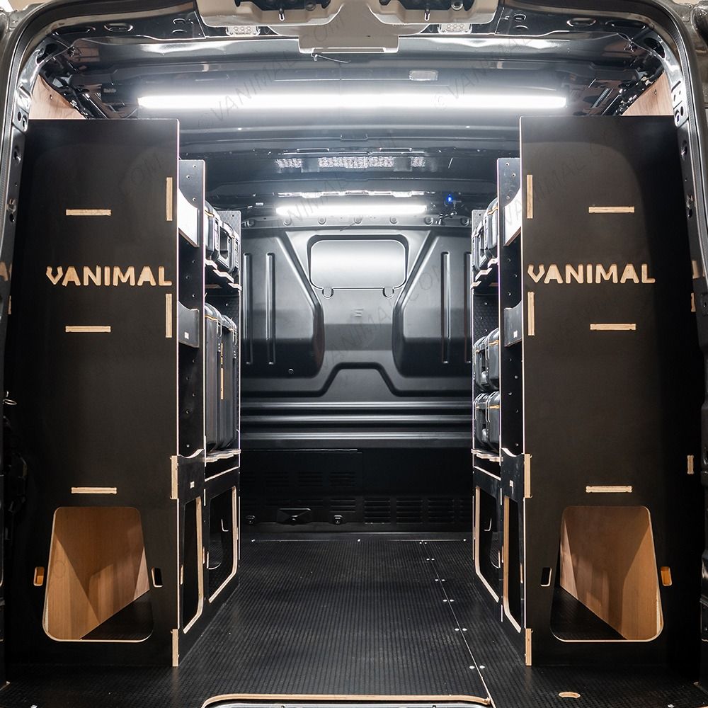 Rear van view of the Fiat Scudo DeWalt ToughSystem 2.0 Toolbox Compatible Van Racking V2 (x2 Rears) displayed with DeWalt ToughSystem 2.0 toolboxes