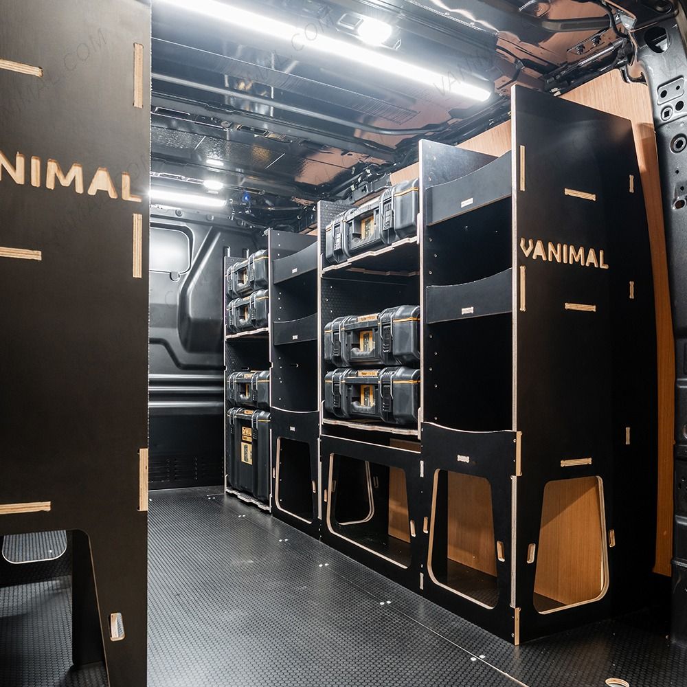 OS rear van view of the Scudo 2022- L2 DeWalt ToughSystem Toolbox Compatible Van Racking (x3 V2) displayed with DeWalt ToughSystem 2.0 toolboxes