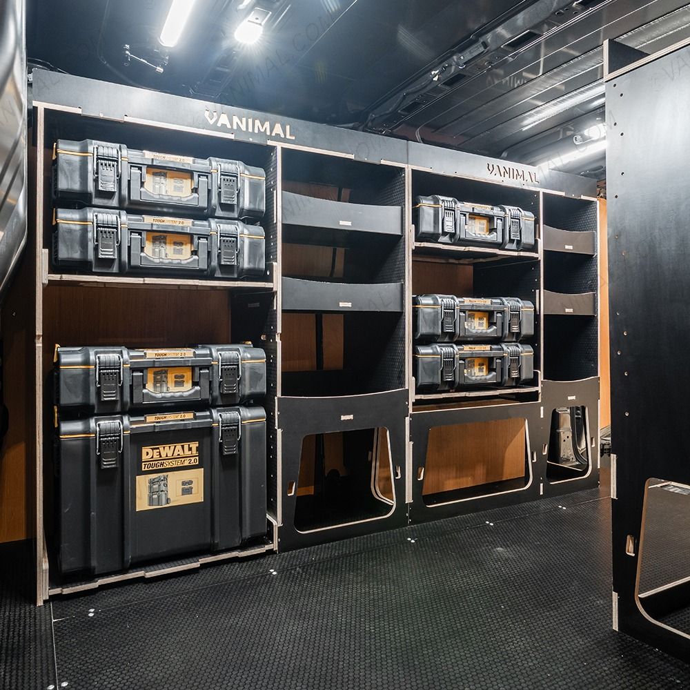 Side van view of the Scudo 2022- L2 DeWalt ToughSystem Toolbox Compatible Van Racking (x3 V2) displayed with DeWalt ToughSystem 2.0 toolboxes and top trays