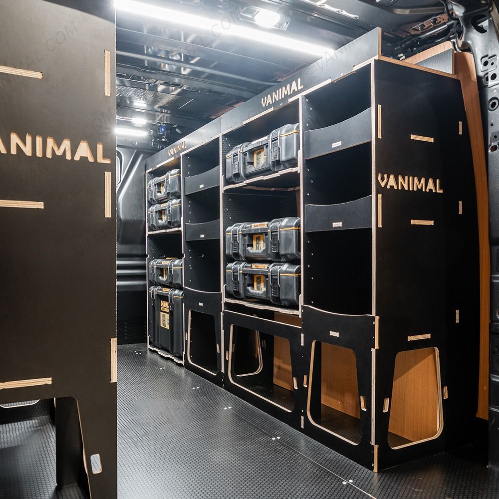 OS rear van view of the Scudo 2022- L2 DeWalt ToughSystem Toolbox Compatible Van Racking (x3 V2) displayed with DeWalt ToughSystem 2.0 toolboxes and top trays