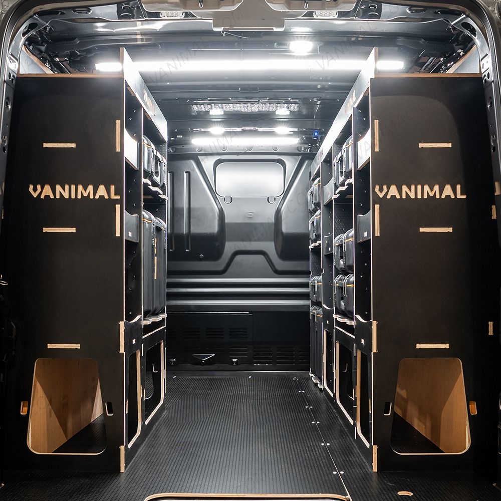 Rear van view of the Scudo 2022- L2 DeWalt ToughSystem Toolbox Compatible Van Racking (x3 V2) displayed with DeWalt ToughSystem 2.0 toolboxes and top trays