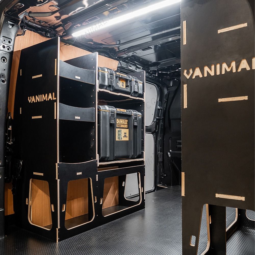 OS rear van view of the Scudo 2022- DeWalt ToughSystem 2.0 Trolley Compatible Van Racking (x3 V2) displayed with Milwaukee toolboxes