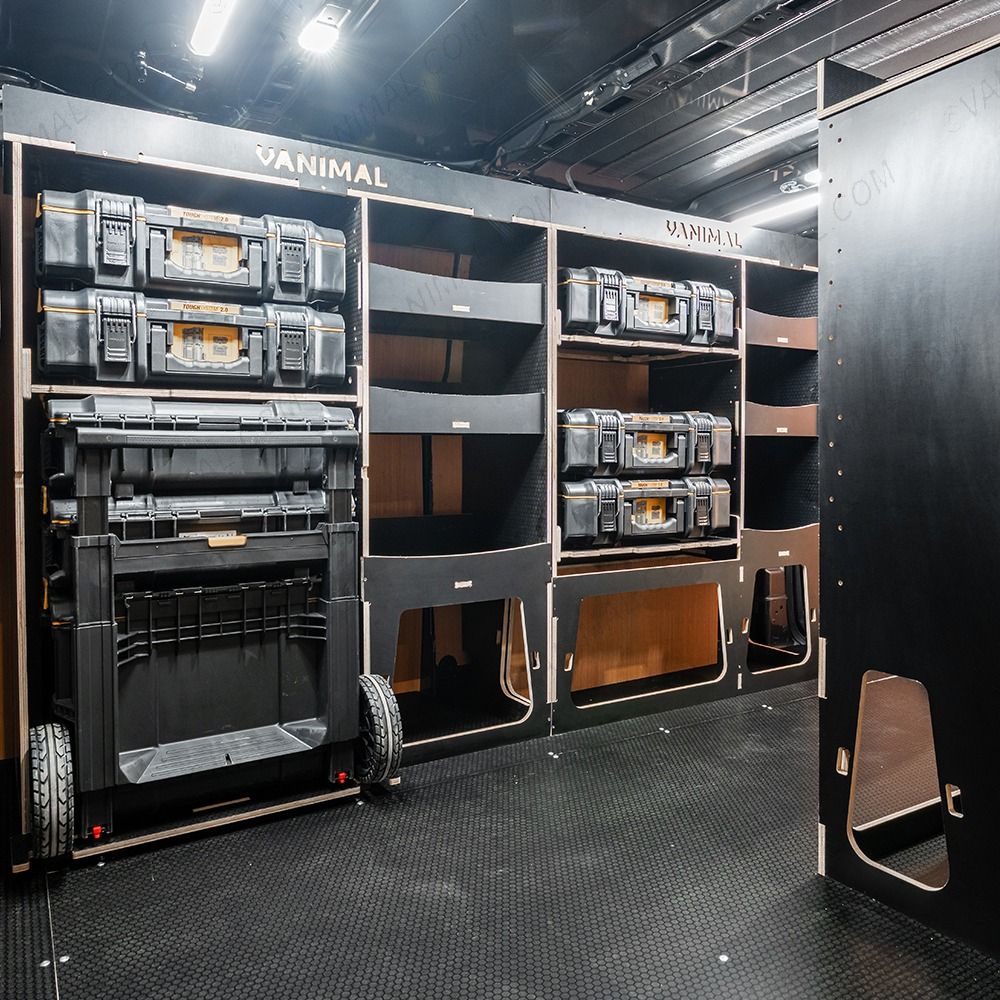 NS rear van view of the Scudo 2022- DeWalt ToughSystem 2.0 Trolley Compatible Van Racking (x3 V2) displayed with Milwaukee toolboxes