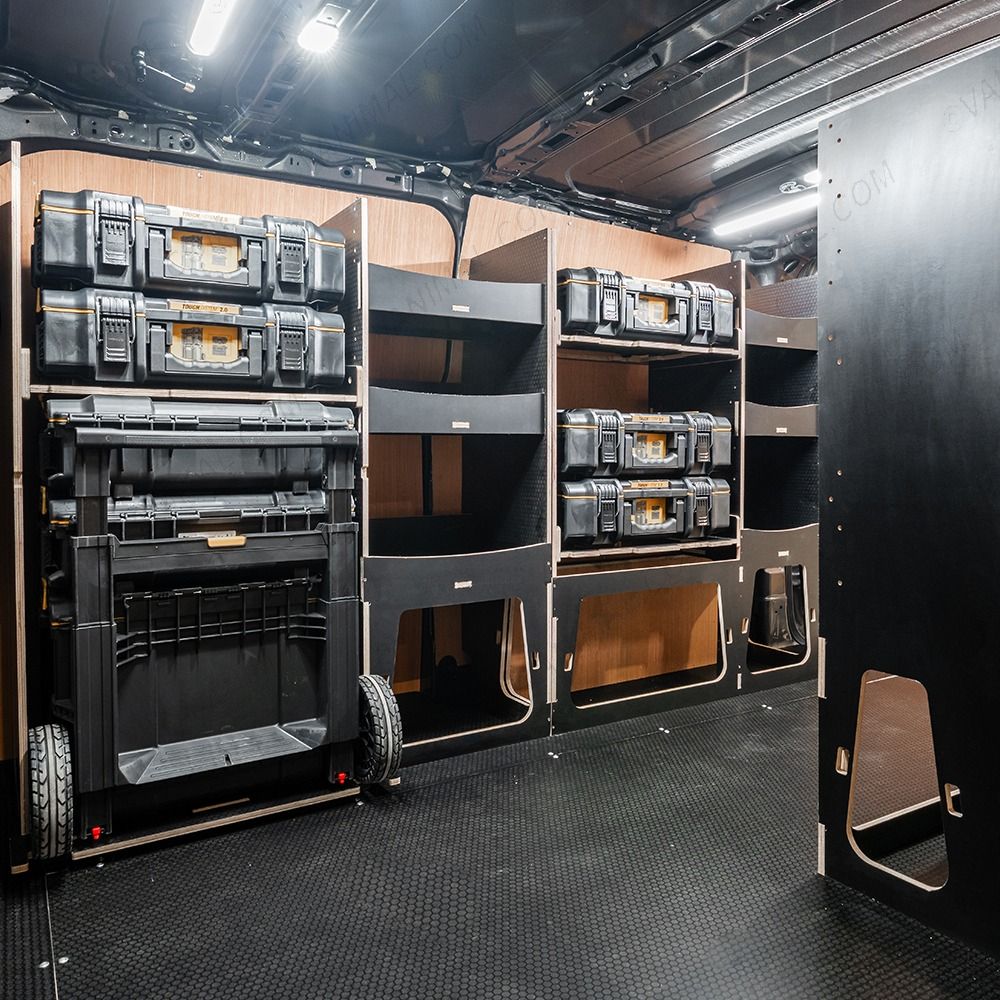 NS rear van view of the Scudo 2022- DeWalt ToughSystem 2.0 Trolley Compatible Van Racking (x3 V2) displayed with Milwaukee toolboxes and trolley 