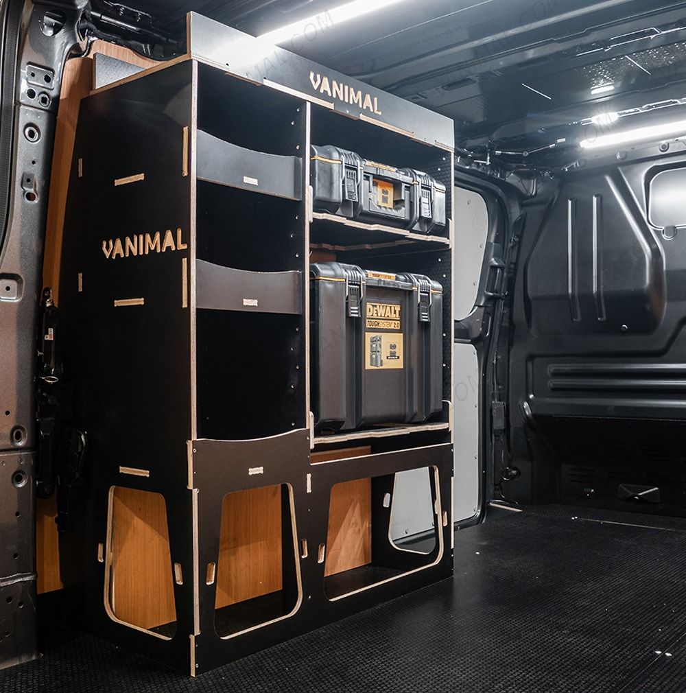 Rear van side angle view of the Scudo 2022- L2 DeWalt ToughSystem Toolbox Compatible Van Racking - NS Rear displayed with DeWalt ToughSystem 2.0 toolboxes and top tray