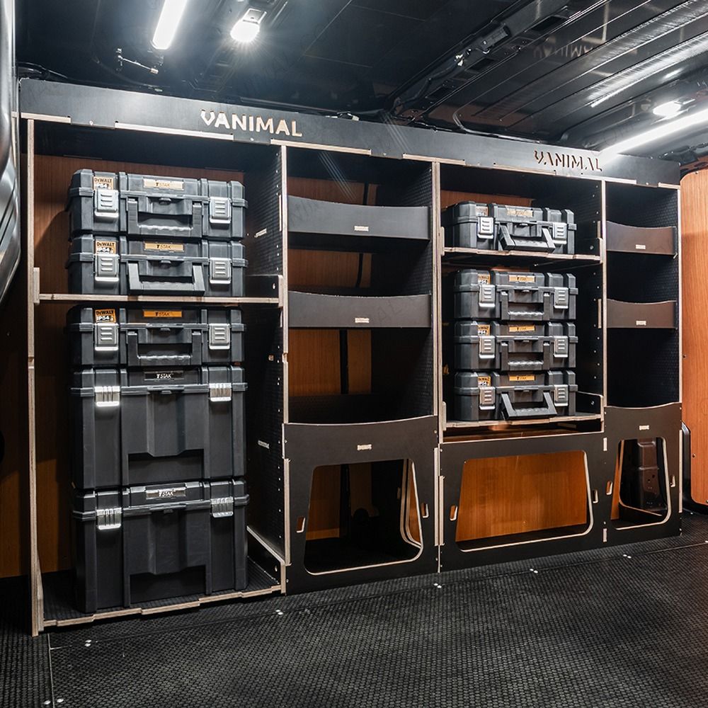 Side van view of the Fiat Scudo 2022+ L2 DeWalt TSTAK Toolbox Compatible Van Racking (Full OS) displayed with DeWalt TSTAK toolboxes and top trays