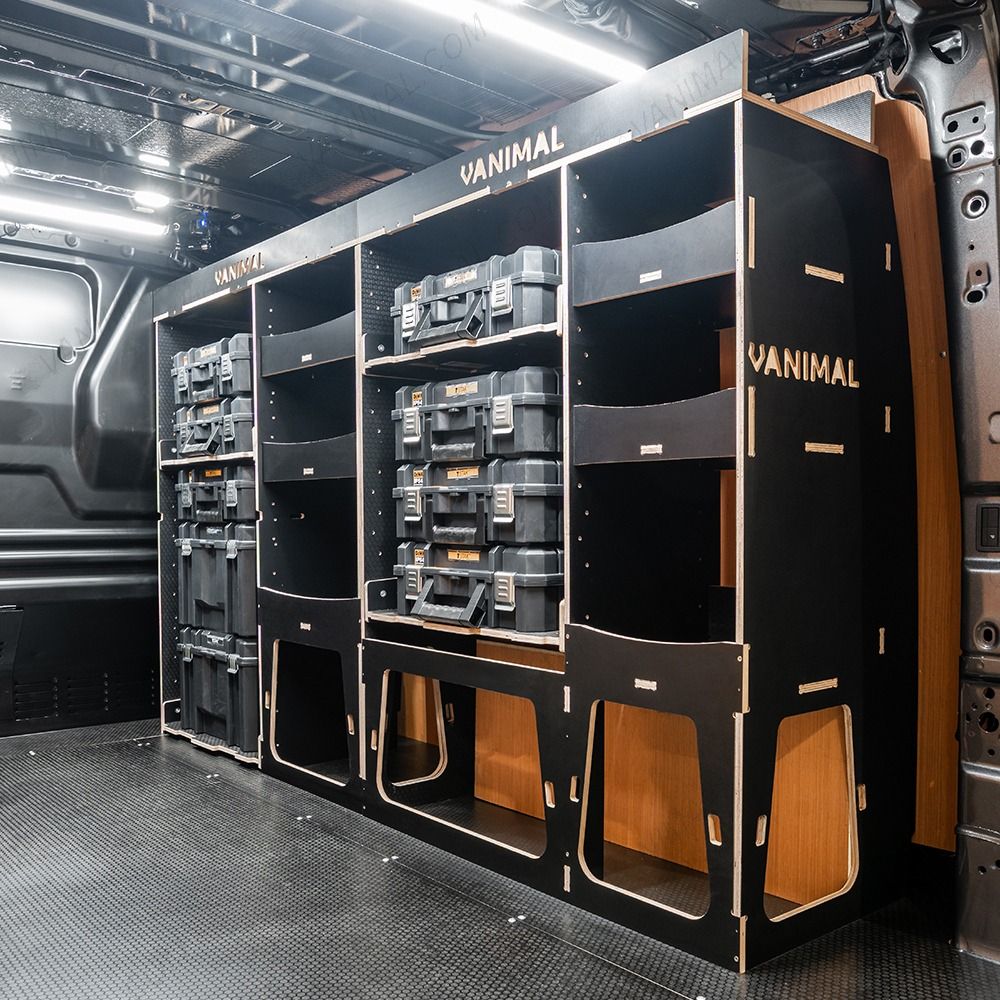 Rear van side angle view of the Fiat Scudo 2022+ L2 DeWalt TSTAK Toolbox Compatible Van Racking (Full OS) displayed with DeWalt TSTAK toolboxes and top trays