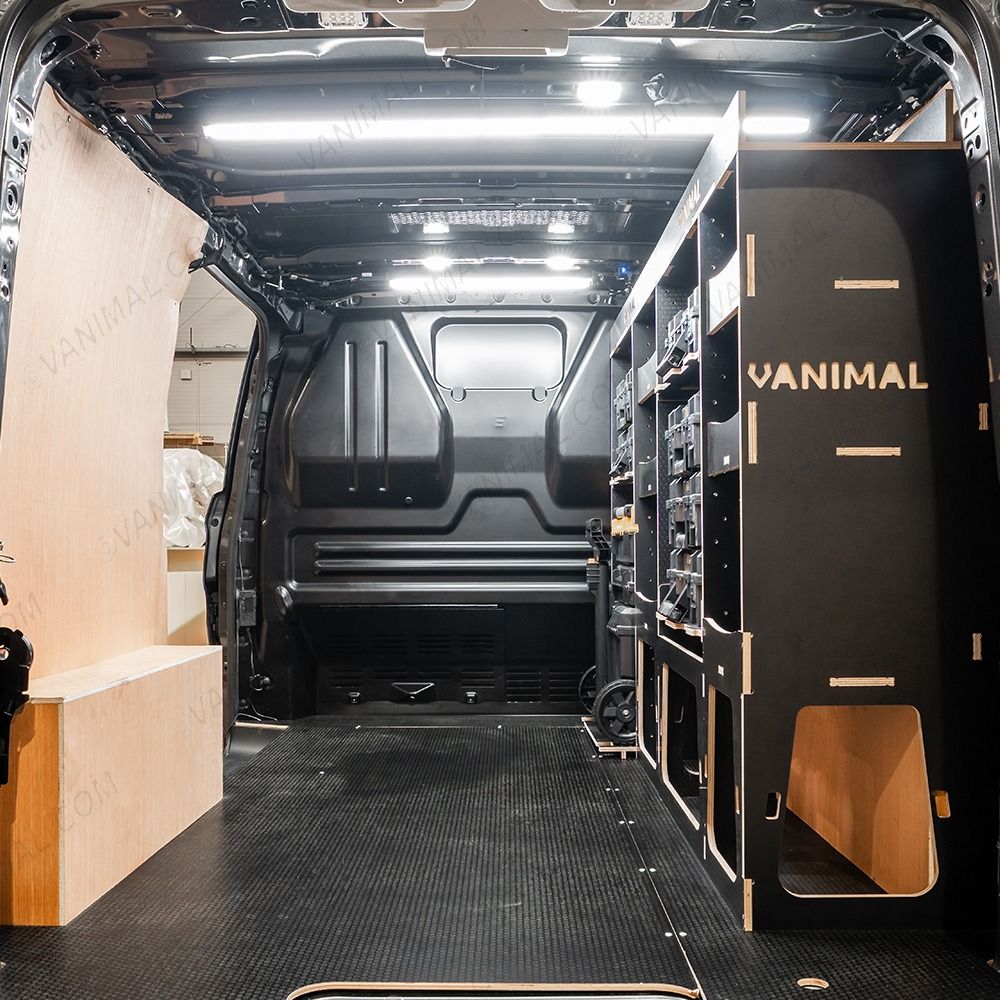 Side van view of the Fiat Scudo 2022+ L2 DeWalt TSTAK Trolley Compatible Van Racking (Full OS) displayed with DeWalt TSTAK toolboxes