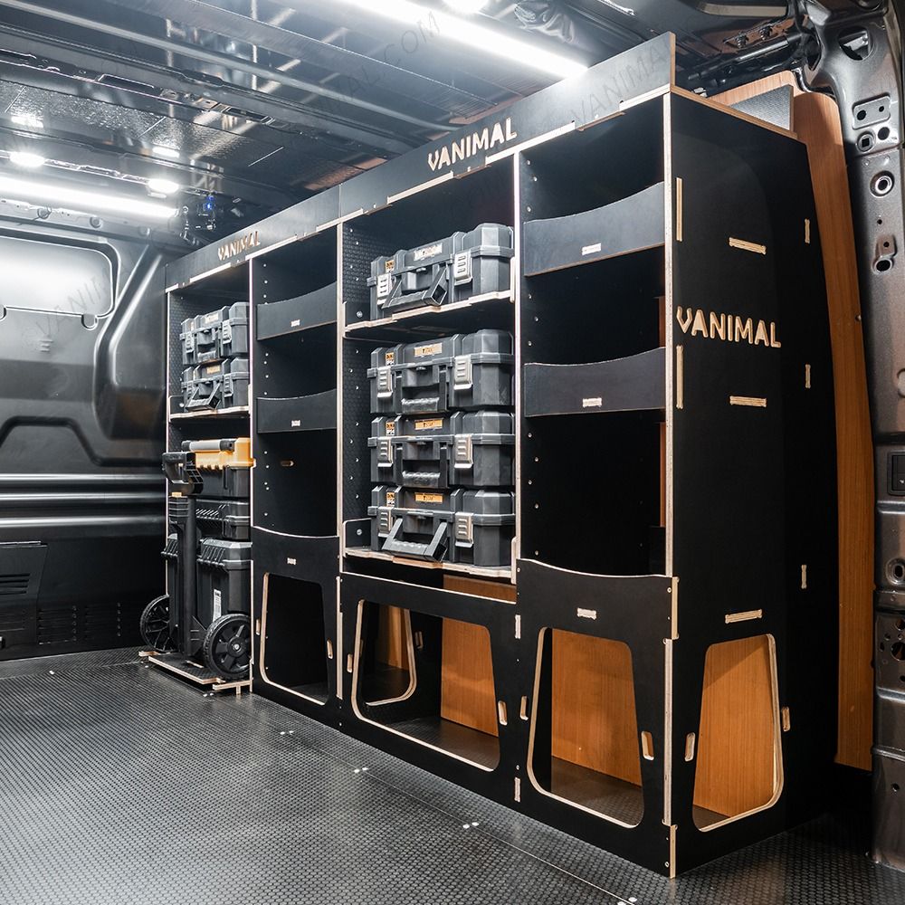 Rear van side angle view of the Fiat Scudo 2022+ L2 DeWalt TSTAK Trolley Compatible Van Racking (Full OS) displayed with DeWalt TSTAK toolboxes