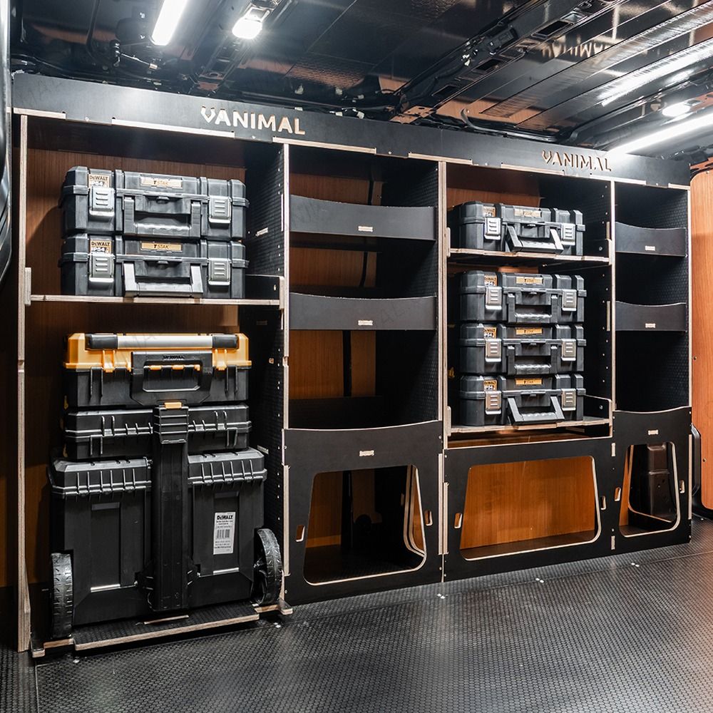 Side van view of the Fiat Scudo 2022+ L2 DeWalt TSTAK Trolley Compatible Van Racking (Full OS) displayed with DeWalt TSTAK toolboxes and trolley