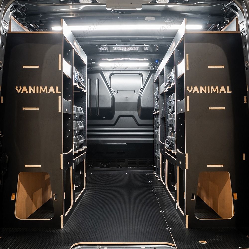 Rear van view of the Peugeot Expert 2016+ L2 DeWalt TSTAK Toolbox Compatible Van Racking (x3 V2) displayed with DeWalt TSTAK toolboxes and top trays