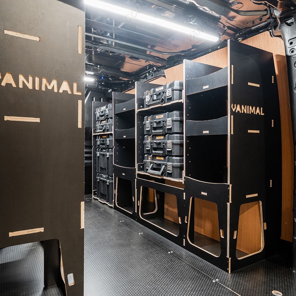 OS rear van view of the Peugeot Expert 2016+ L2 DeWalt TSTAK Toolbox Compatible Van Racking (x3 V2) displayed with DeWalt TSTAK toolboxes 