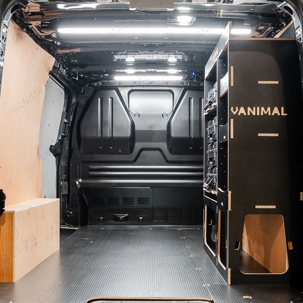 Rear van view of the Fiat Scudo 2022+ L2 DeWalt TSTAK Toolbox Compatible Van Racking - OS Rear displayed with DeWalt TSTAK toolboxes and top tray