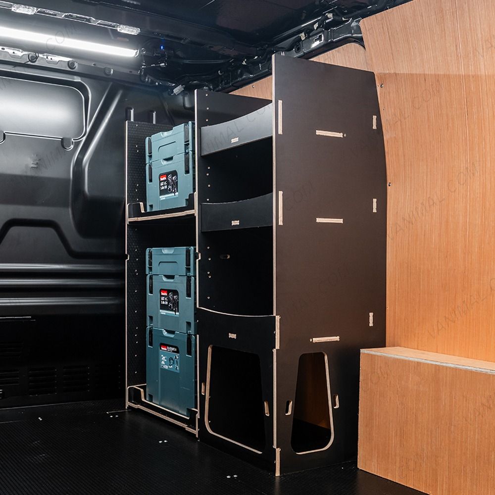 Rear van side angle view of the Fiat Scudo 2022+ Makita Makpac Toolbox Compatible Van Racking - Front displayed with Makita Makpac toolboxes