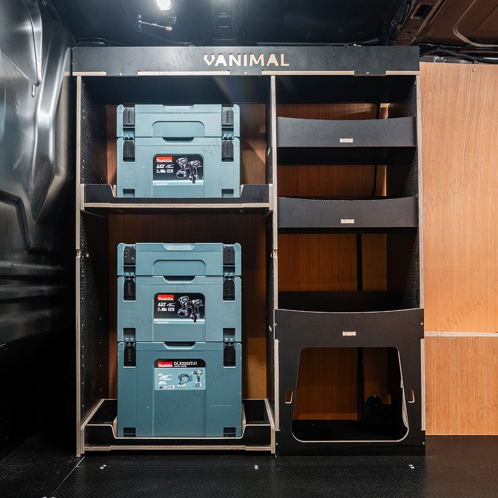 Side van view of the Fiat Scudo 2022+ Makita Makpac Toolbox Compatible Van Racking - Front displayed with Makita Makpac toolboxes and top tray