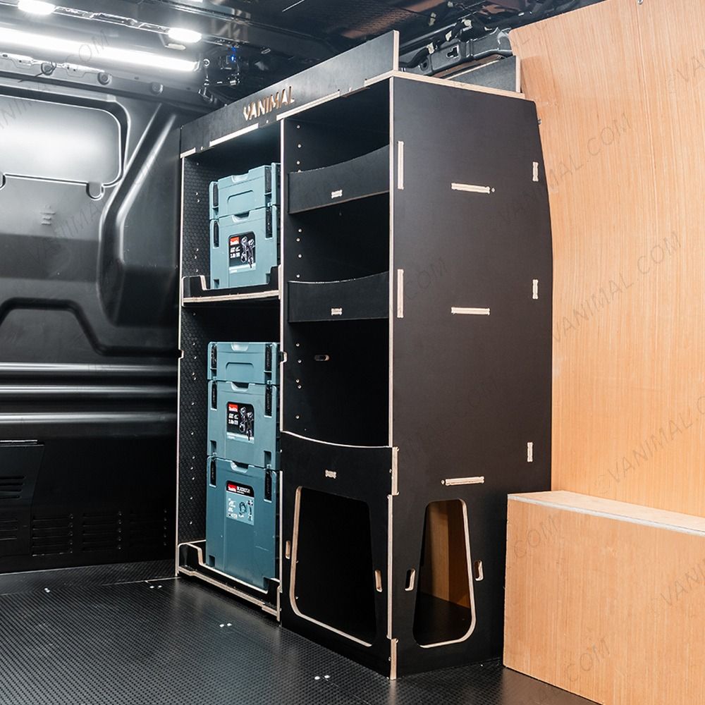 Rear van side angle view of the Fiat Scudo 2022+ Makita Makpac Toolbox Compatible Van Racking - Front displayed with Makita Makpac toolboxes and top tray