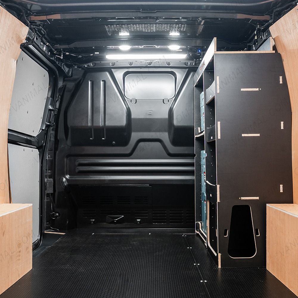 Rear van view of the Fiat Scudo 2022+ Makita Makpac Toolbox Compatible Van Racking - Front displayed with Makita Makpac toolboxes and top tray
