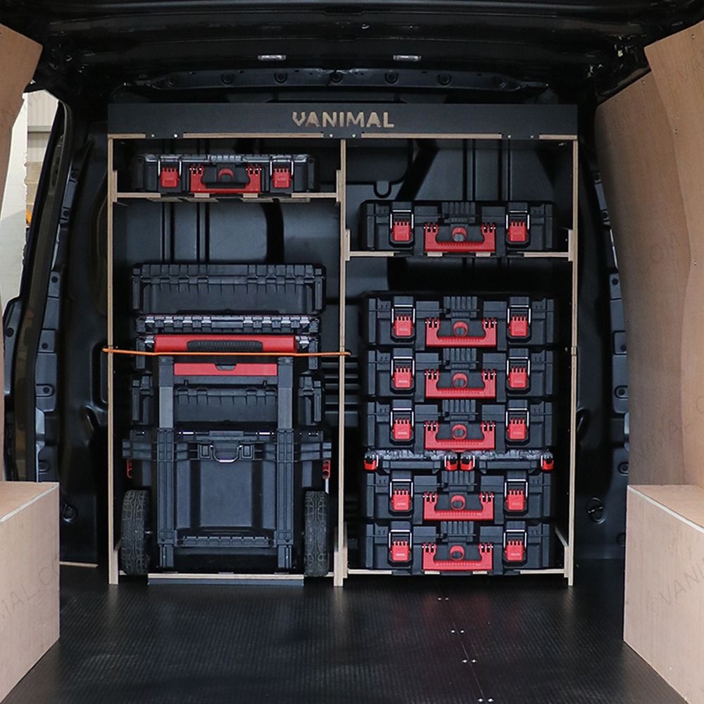 Rear van view of the Kia PV5 Cargo Milwaukee Packout Trolley Compatible Van Racking - Bulkhead displayed with Milwaukee toolboxes, trolley and top tray