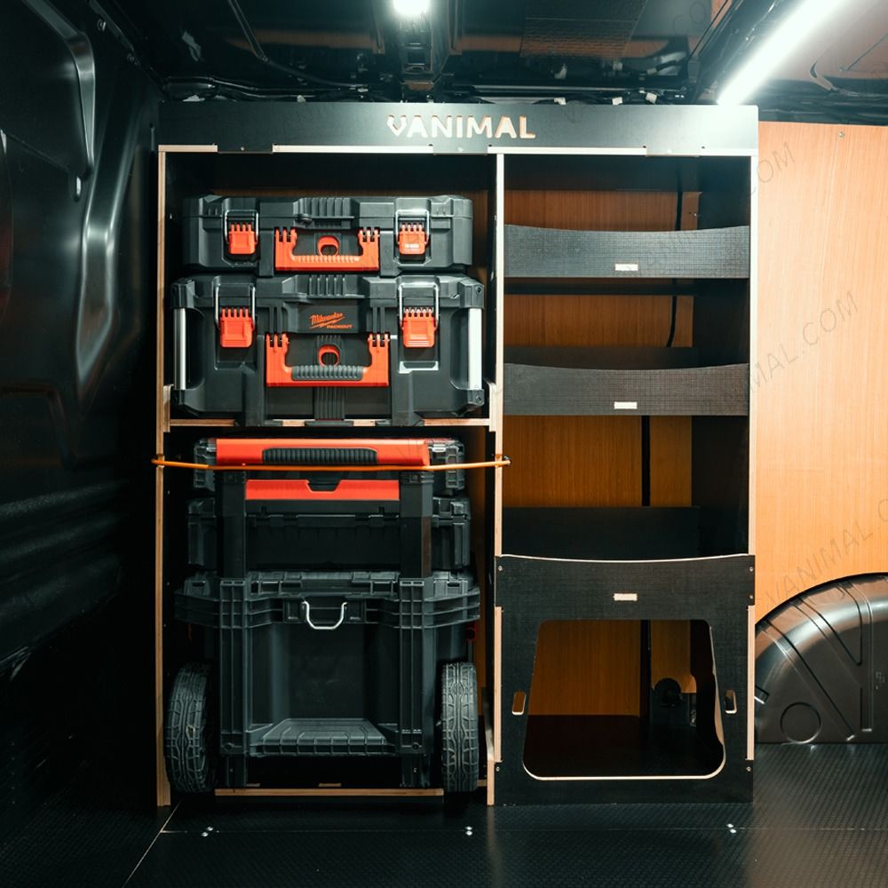 Side van view of the Fiat Scudo 2022+ Milwaukee Packout Front Trolley Van Racking with optional top tray