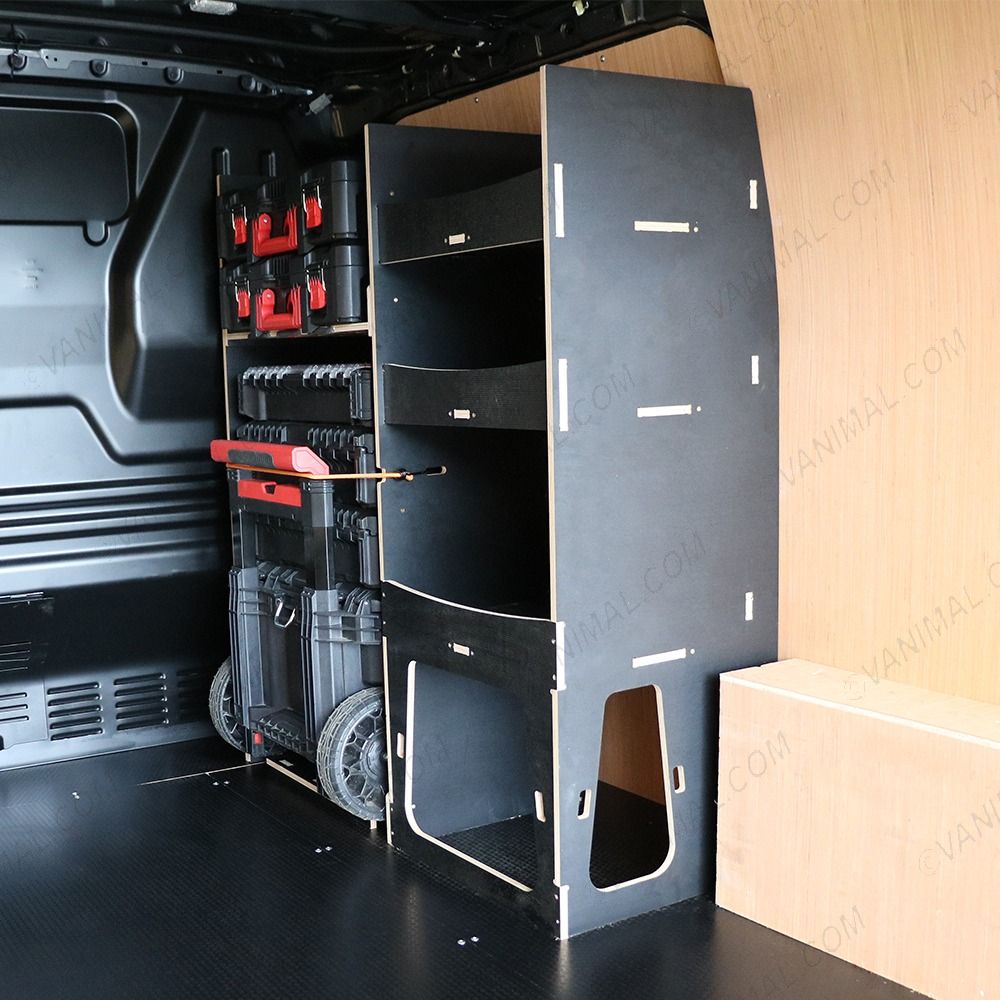 Rear van OS angle view of the Fiat Scudo 2022+ Milwaukee Packout Front Trolley Van Racking