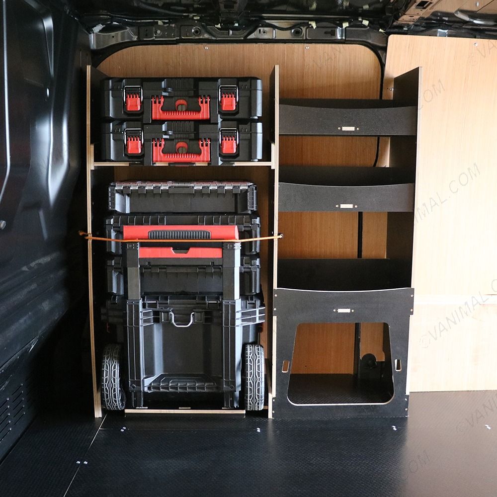 Side van view of the Fiat Scudo 2022+ Milwaukee Packout Front Trolley Van Racking