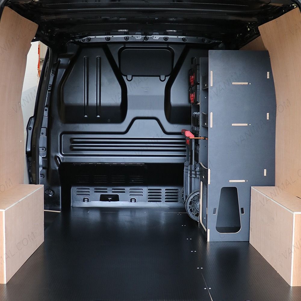 Rear van view of the Kia PV5 Cargo Milwaukee Packout Trolley Compatible Van Racking - Front displayed with Milwaukee toolboxes and trolley