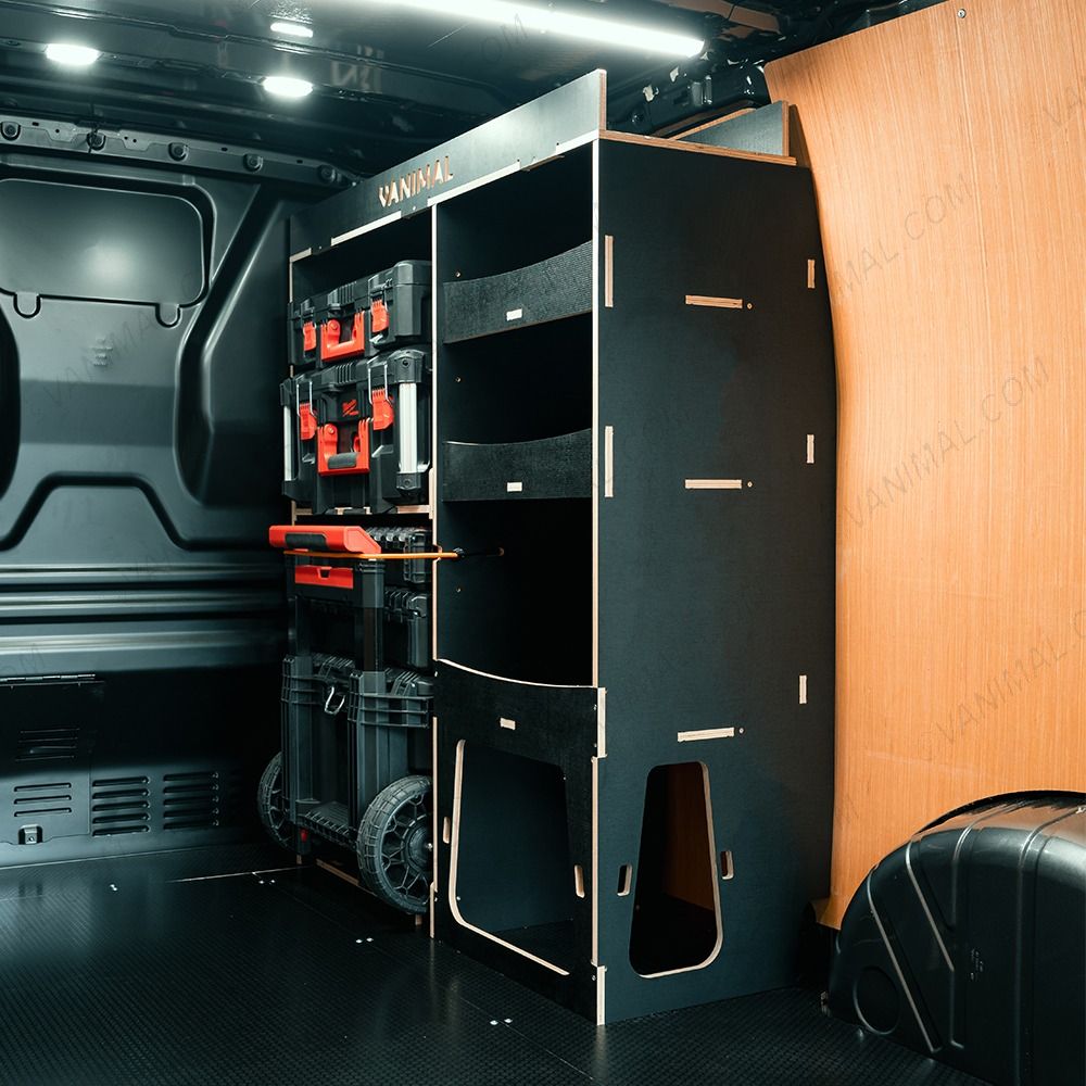 Rear van OS angle view of the Fiat Scudo 2022+ Milwaukee Packout Front Trolley Van Racking with optional top tray