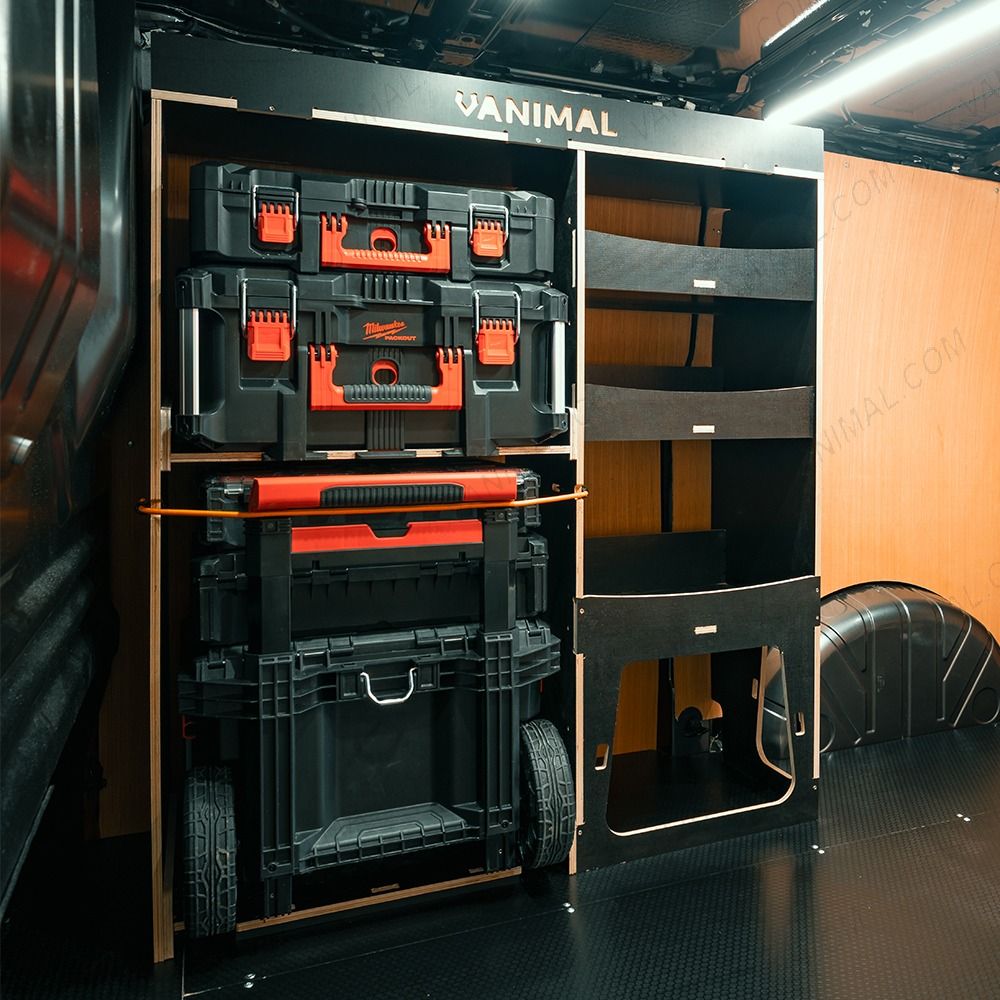 Heavy-duty Hexaboard RackOut Front Rack for Fiat Scudo 2022+ – Packout Trolley and Shelf – Milwaukee Packout Van Racking setup