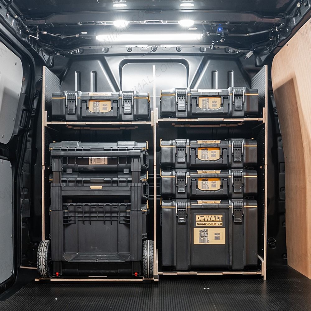 Rear van view of the Kia PV5 Cargo DeWalt ToughSystem Trolley Compatible Van Racking - Bulkhead displayed with DeWalt ToughSystem toolboxes and trolley