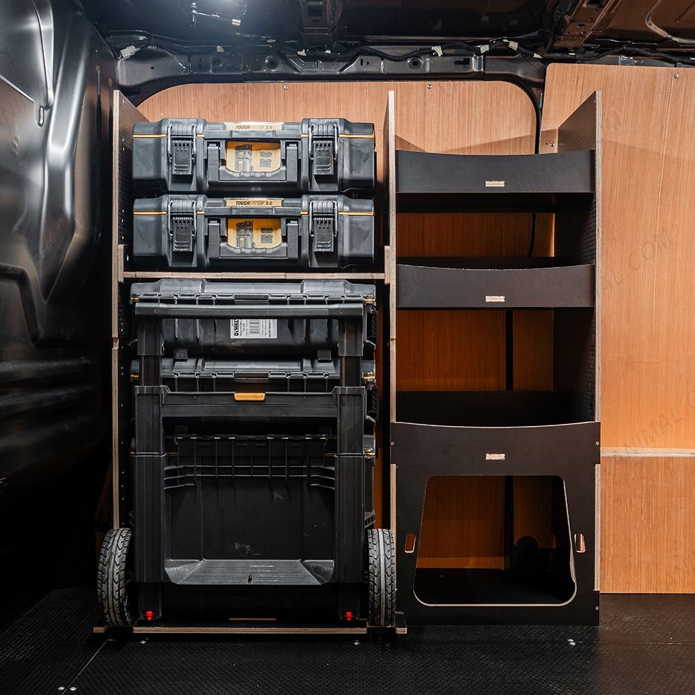 Side van view of the Kia PV5 Cargo DeWalt ToughSystem Trolley Compatible Van Racking - Front displayed with DeWalt ToughSystem toolboxes and trolley