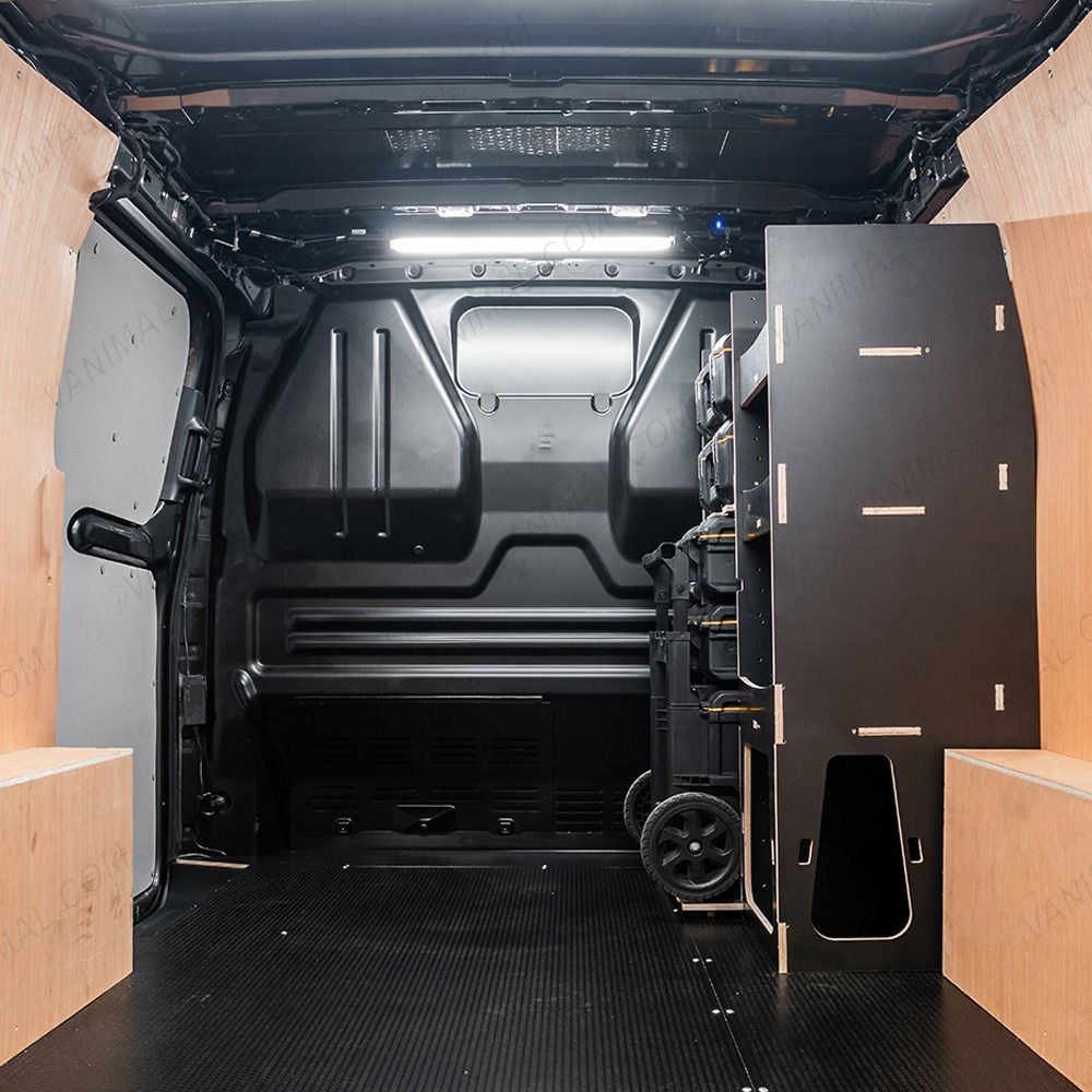 Rear van view of the Kia PV5 Cargo DeWalt ToughSystem Trolley Compatible Van Racking - Front displayed with DeWalt ToughSystem toolboxes and trolley