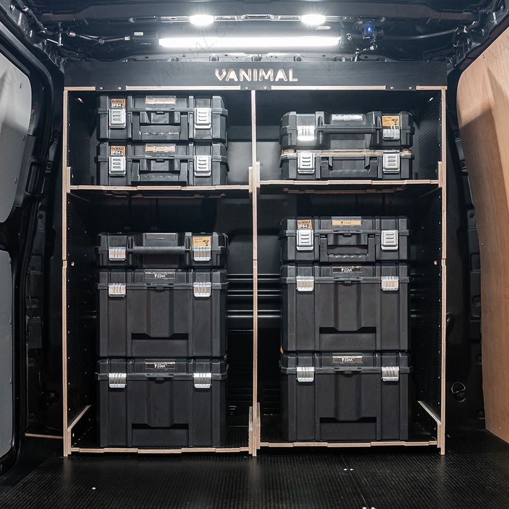 Rear van view of the Kia PV5 Cargo DeWalt TSTAK Toolbox Compatible Van Racking - Bulkhead displayed with DeWalt TSTAK toolboxes and top tray