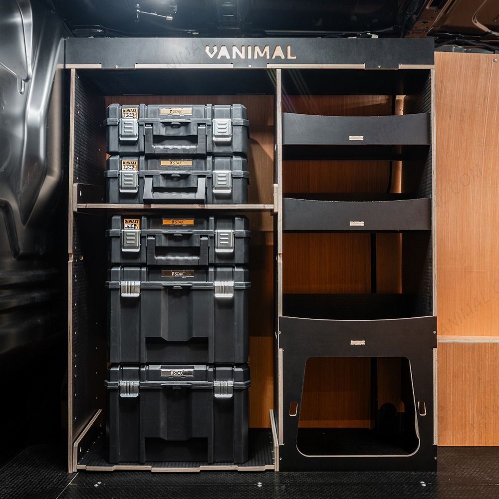 Side van view of the Vauxhall Vivaro C 2019+ DeWalt TSTAK Toolbox Compatible Van Racking - Front displayed with DeWalt TSTAK toolboxes and top tray