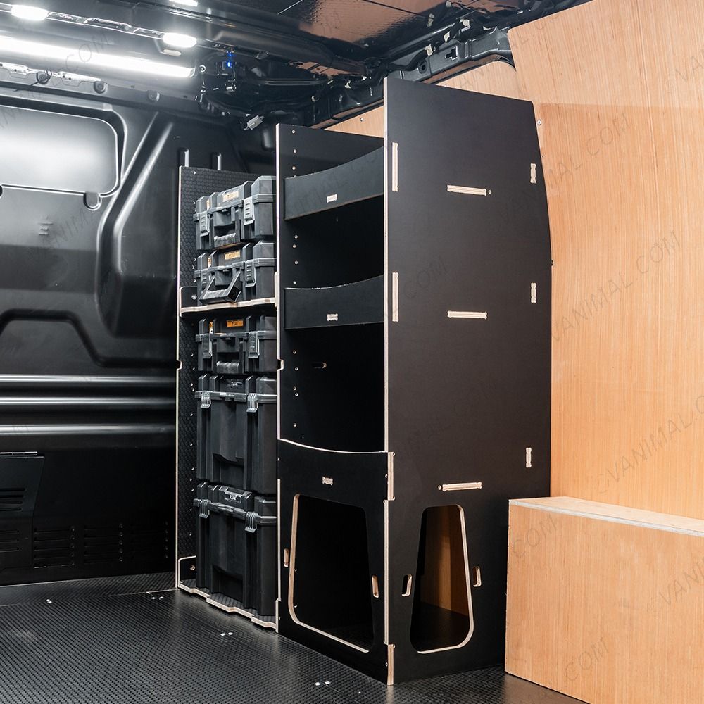 Rear van side angle view of the Vauxhall Vivaro C 2019+ DeWalt TSTAK Toolbox Compatible Van Racking - Front displayed with DeWalt TSTAK toolboxes