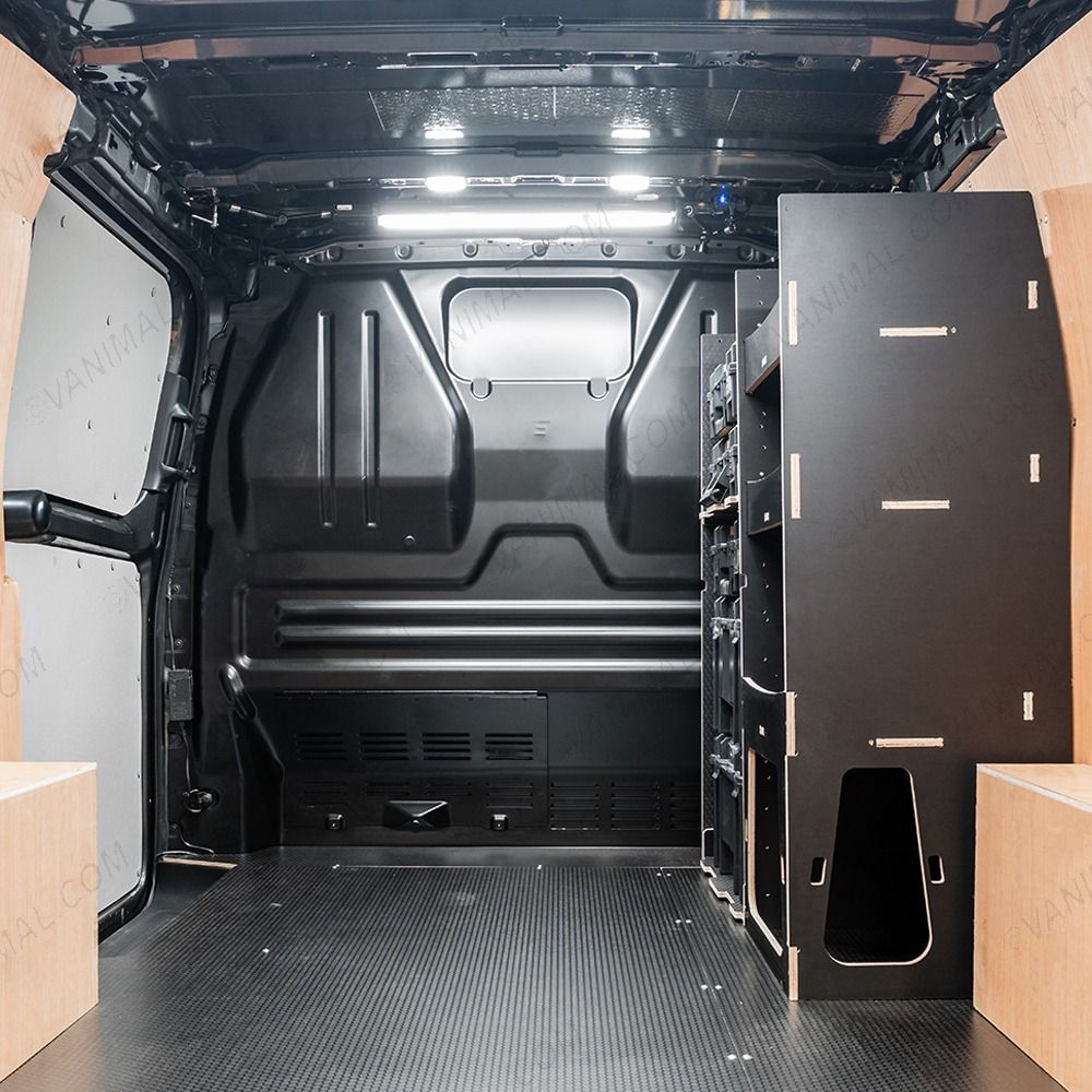 Rear van view of the Vauxhall Vivaro C 2019+ DeWalt TSTAK Toolbox Compatible Van Racking - Front displayed with DeWalt TSTAK toolboxes