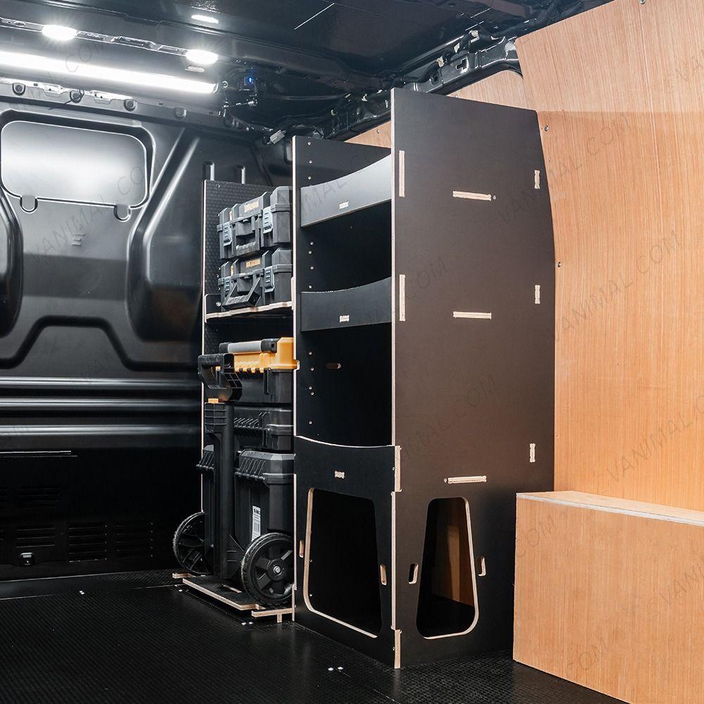 Rear van side angle view of the Fiat Scudo 2022+ DeWalt TSTAK Trolley Compatible Van Racking - Front displayed with DeWalt TSTAK trolley and toolbox shelves