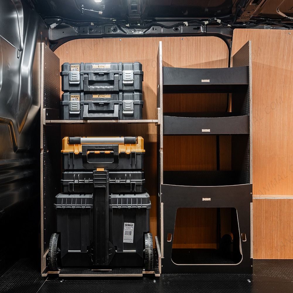 Side van view of the Fiat Scudo 2022+ DeWalt TSTAK Trolley Compatible Van Racking - Front displayed with DeWalt TSTAK trolley and toolboxes