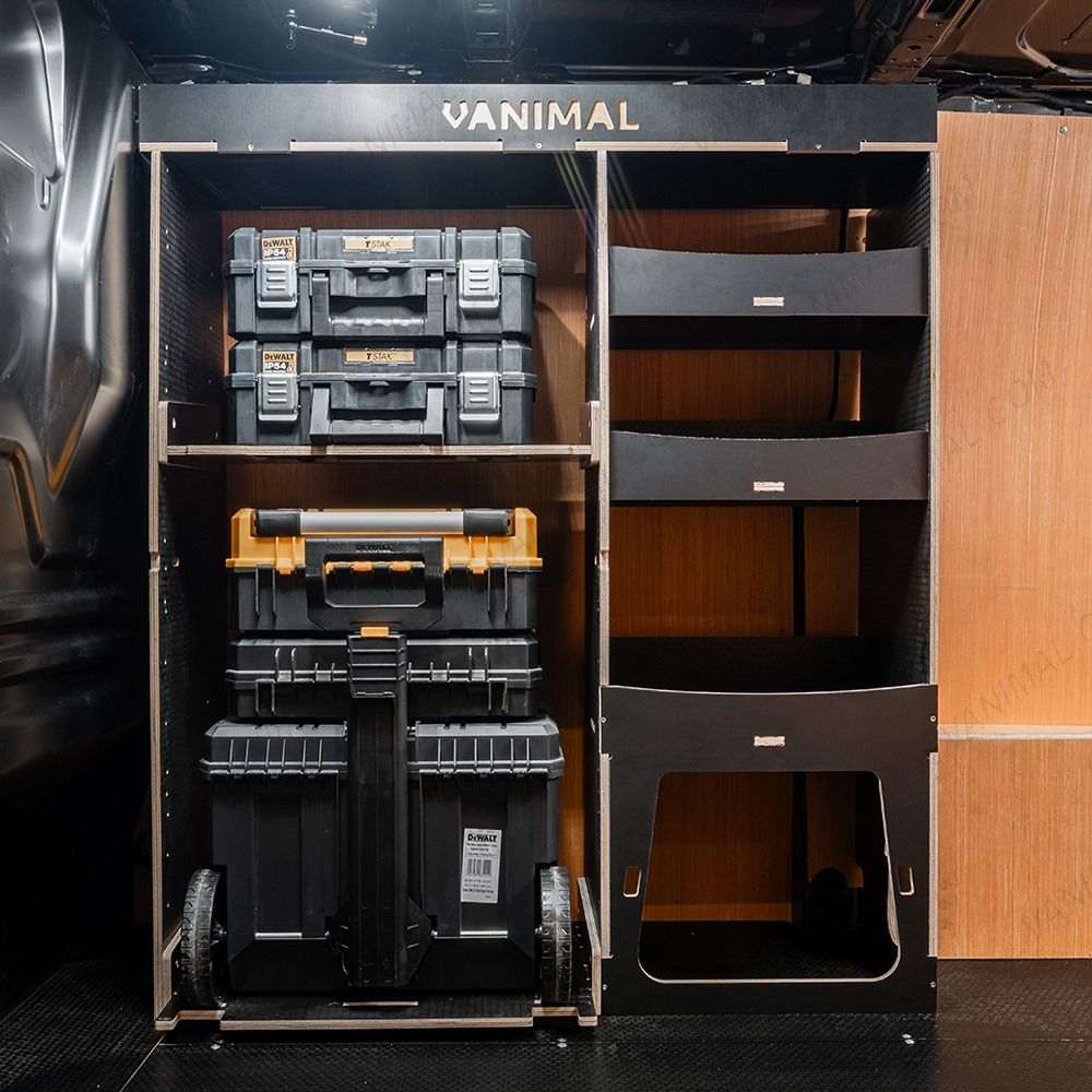 Side van view of the Fiat Scudo 2022+ DeWalt TSTAK Trolley Compatible Van Racking - Front displayed with DeWalt TSTAK trolley