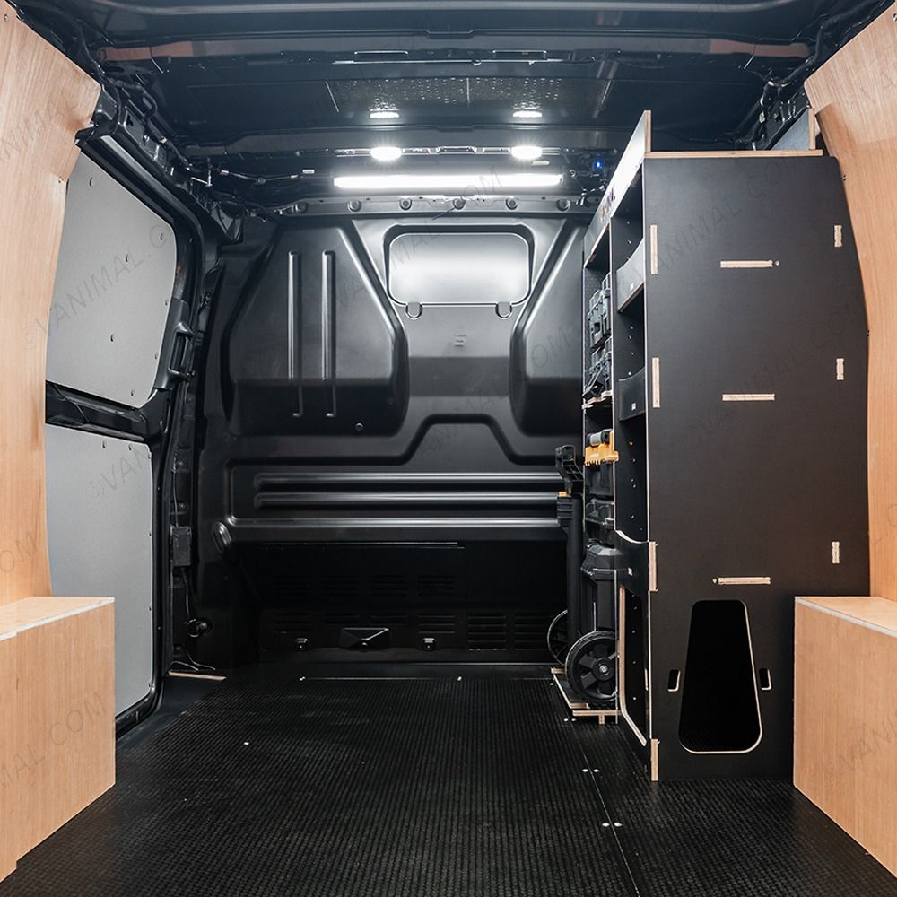 Rear van side angle view of the Fiat Scudo 2022+ DeWalt TSTAK Trolley Compatible Van Racking - Front displayed with DeWalt TSTAK trolley