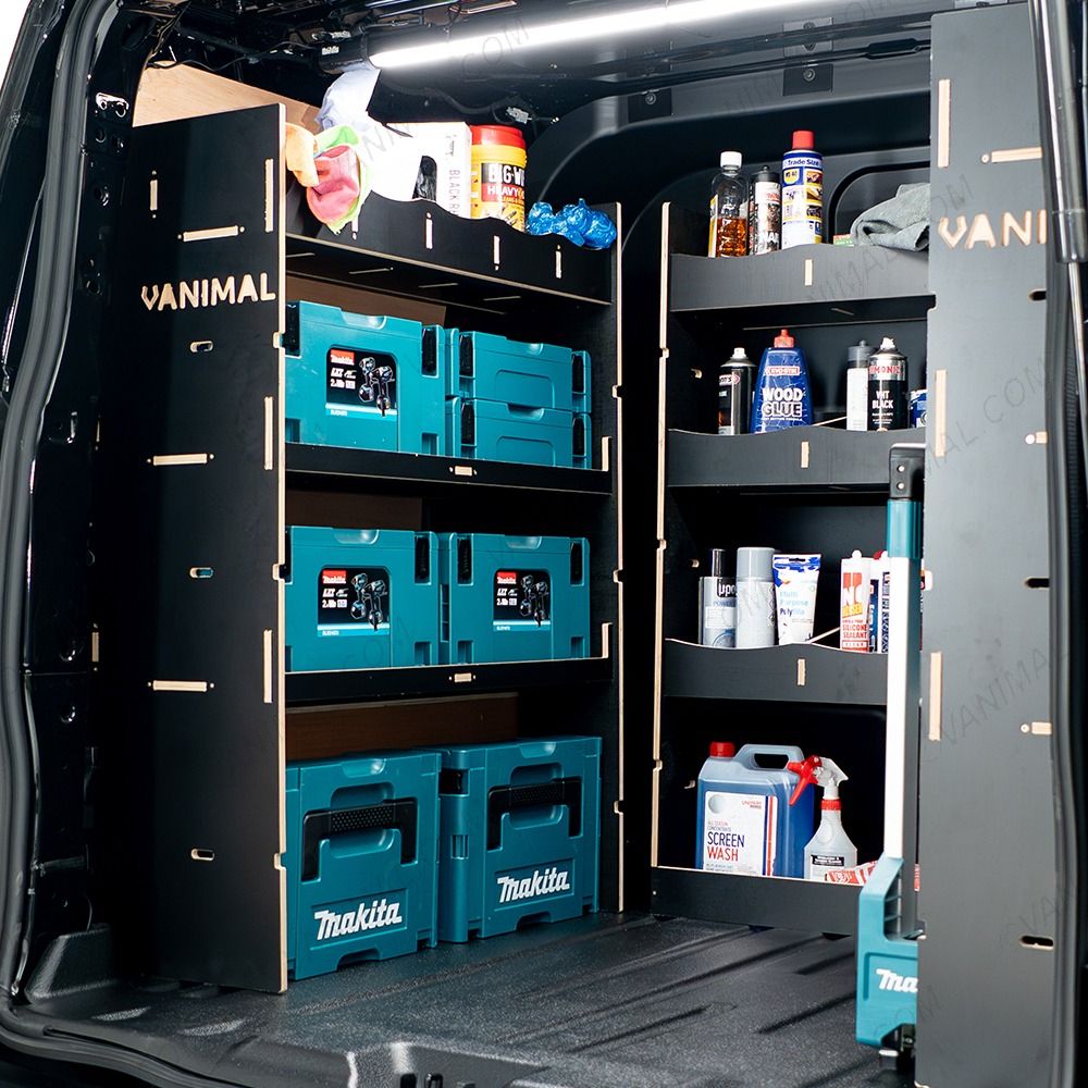Rear van NS side angle view of the Ford Transit Custom 2024- LWB Crew Cab Twin MakPac and Bulkhead V2 Hexaboard Van Racking displayed with Makita toolboxes and tools