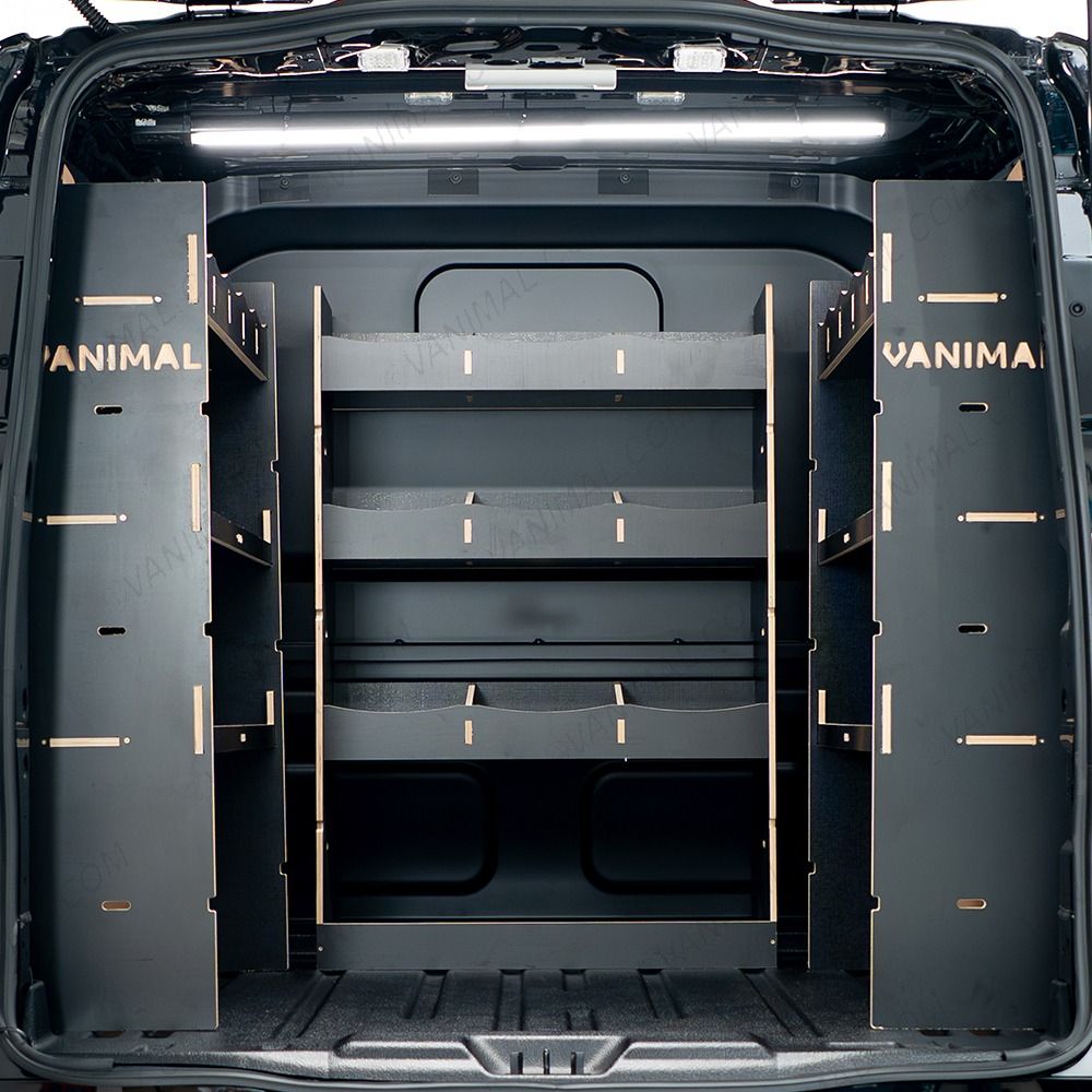 Rear van view of the Ford Transit Custom 2024- LWB Crew Cab Twin MakPac and Bulkhead V2 Hexaboard Van Racking