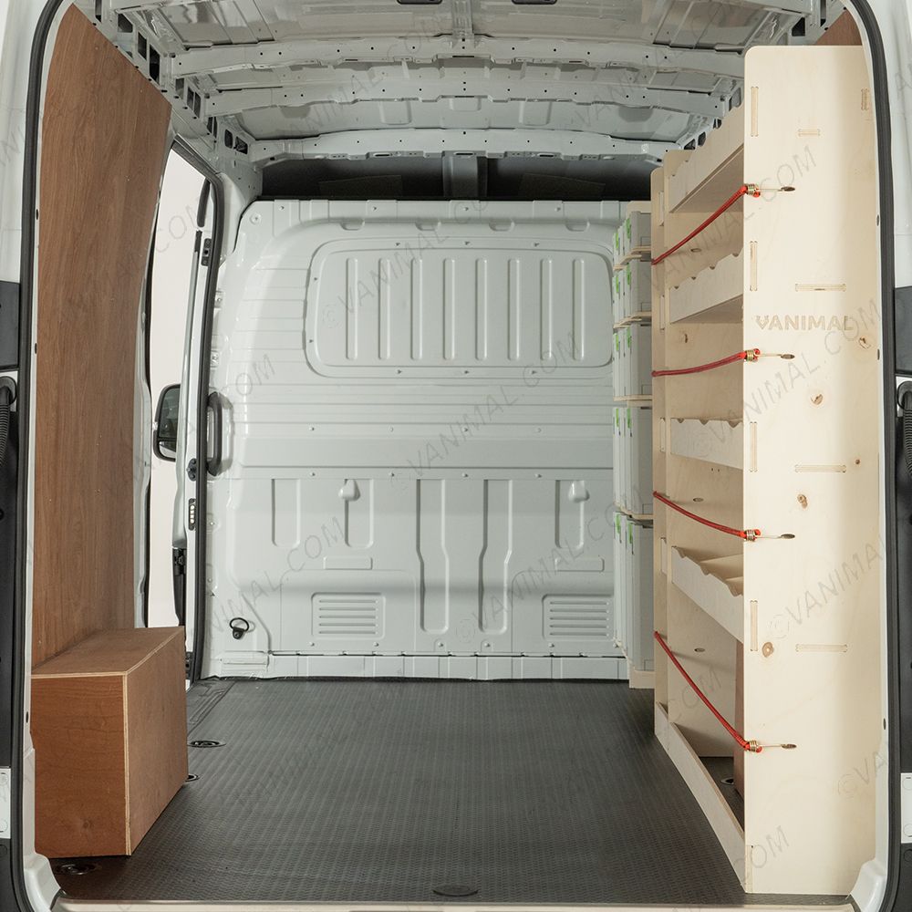 Rear van view of the Nissan Interstar 2025- L3 Full Driver Side Ply Racking with Front Festool Shelving