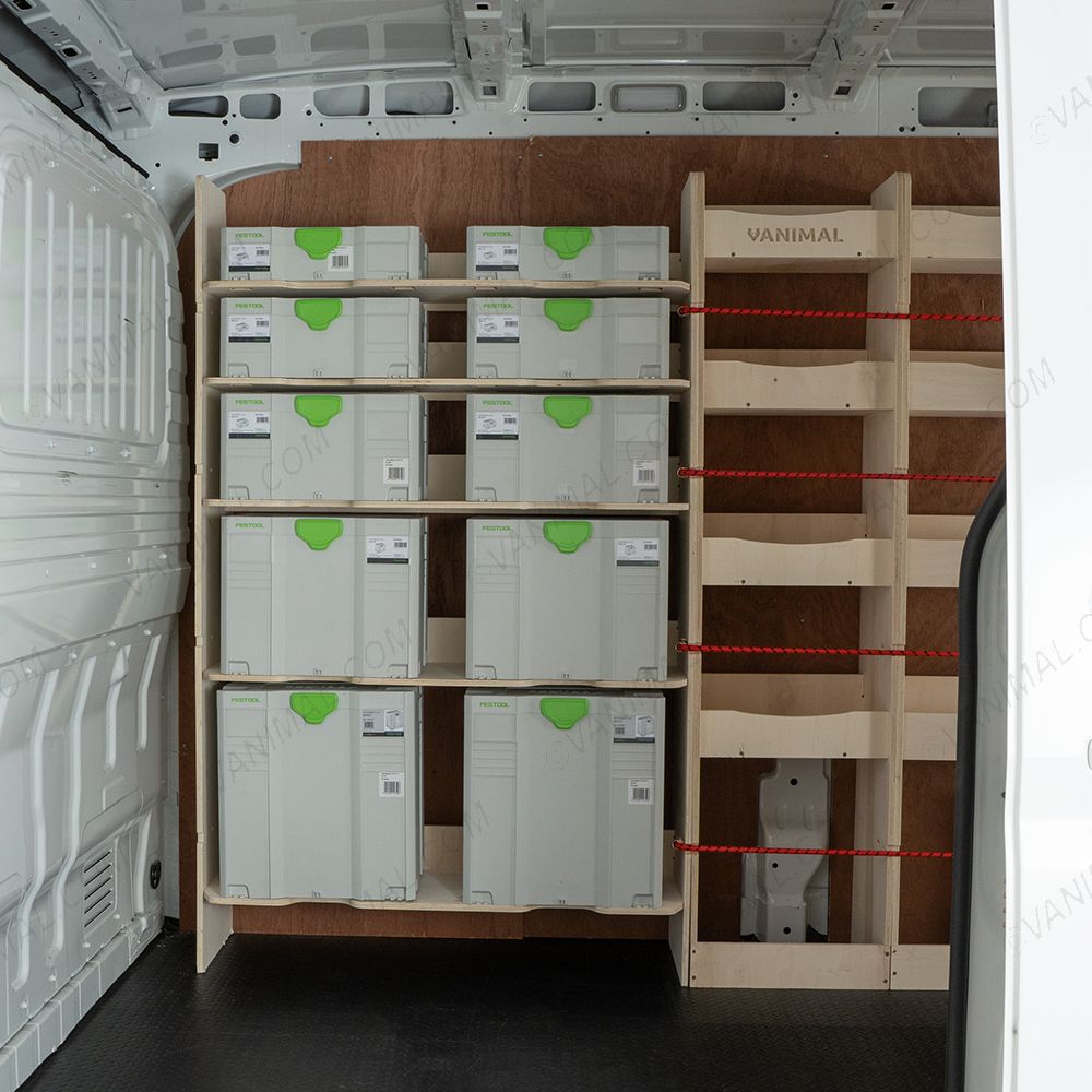 Side van view of the Nissan Interstar 2025- L3 Full Driver Side Ply Racking with Front Festool Shelving