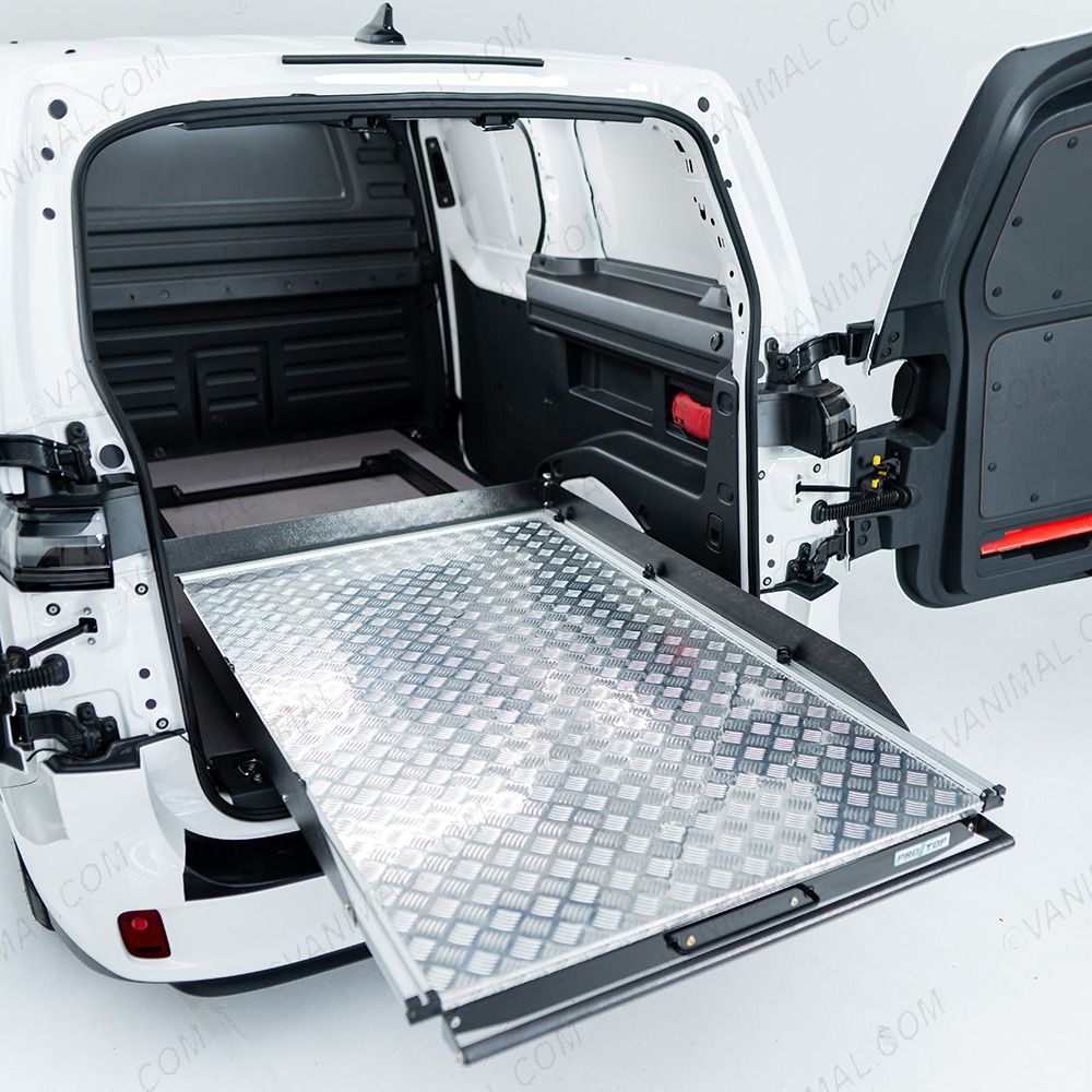 Rear van side angle view of the VW ID Buzz Cargo ProTop Heavy Duty Sliding Deck