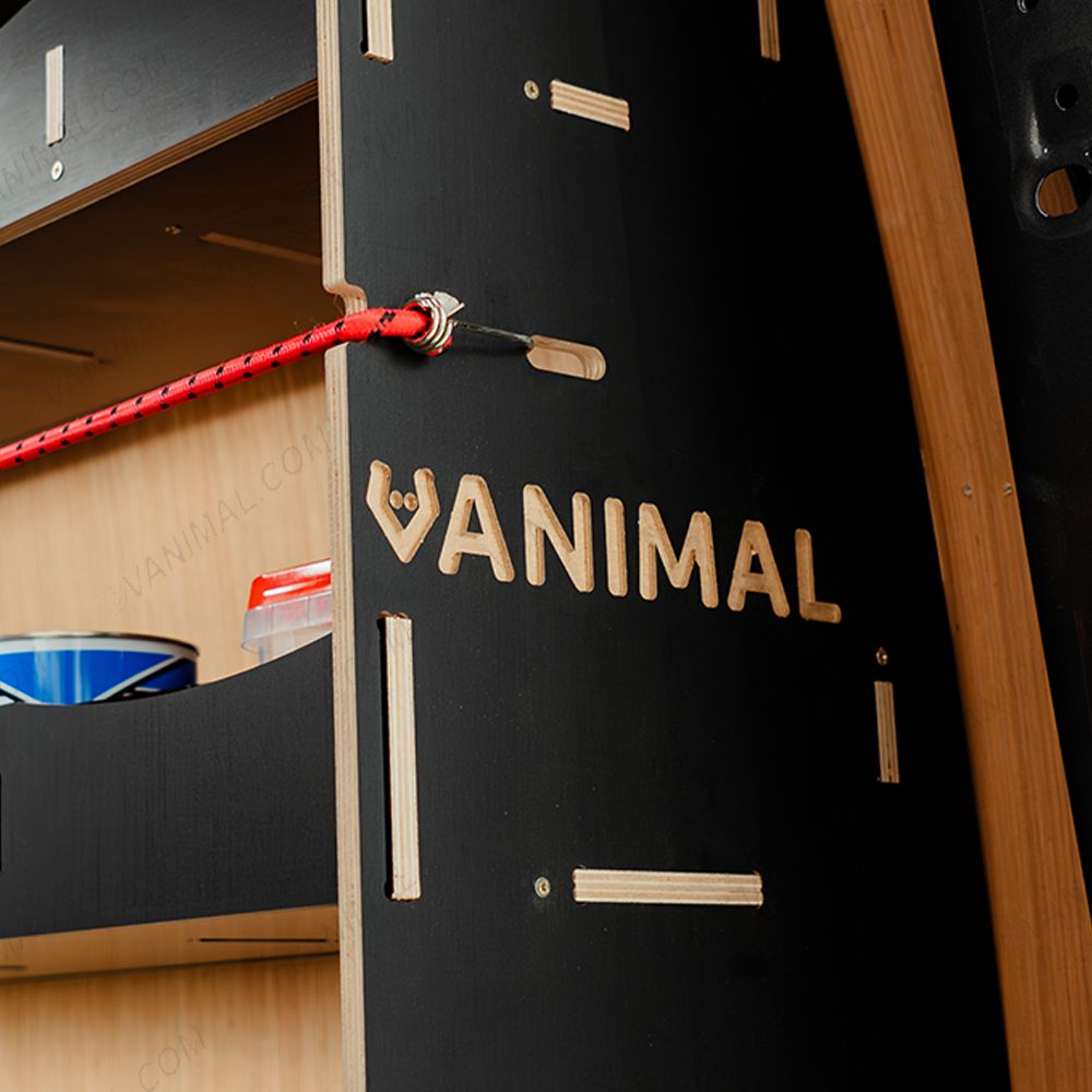 Close-up view of the Vanimal branding and pre-notched for bungee cords

