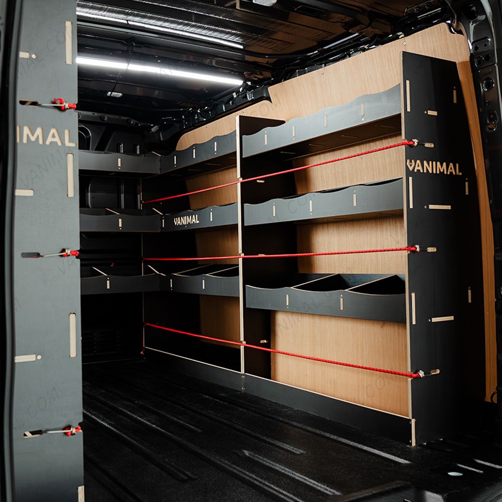 OS side view of the Ford Transit Custom SWB 2023-2023 Hexaboard Complete Full Van Racking Solution