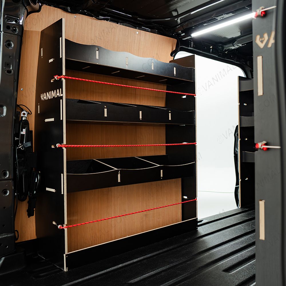 NS side view of the Ford Transit Custom SWB 2023-2023 Hexaboard Complete Full Van Racking Solution