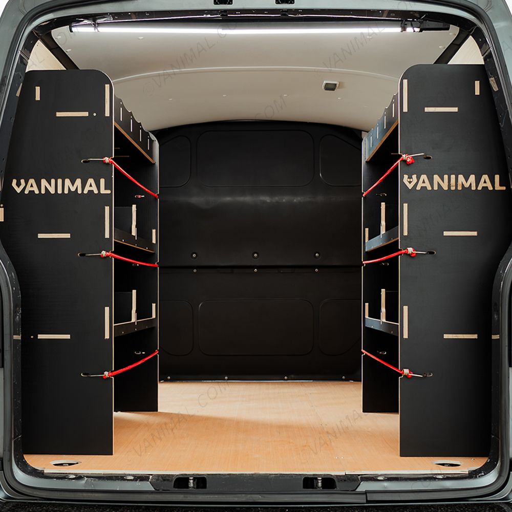 Rear van view of the VW Transporter T5/T6 L1 Hexaboard Double Rear MakPac/Toolbox Van Racking (Pair)