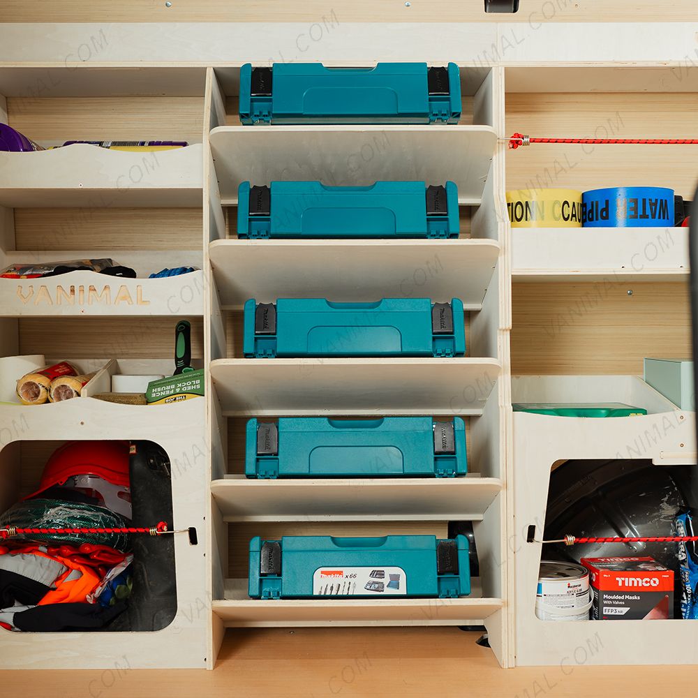Close-up view of the angled toolbox shelves
